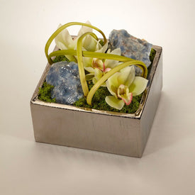 White Orchids with Blue Calcite Geode in Silver Square Container
