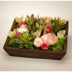 Preserved Roses and Rose Quartz in Square Wood Container