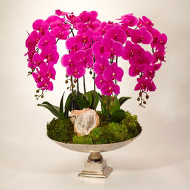 Fuchsia Orchids and Moroccan Crystal Geode in Large Silver Urn