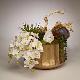 Draped White Orchids with Moroccan Geode and Agate in Gold Embellished Container