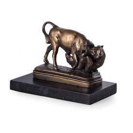 Eternal Struggle of Bull and Bear Bronzed Finished Sculpture on Green Marble Base