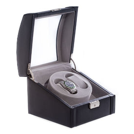 Leather Two-Watch Winder with Glass Top and Locking Clasp- Black