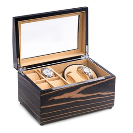 Lacquered Ebony Burl Wood Two-Watch Winder with Storage for Four Watches