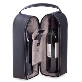 Leather Two-Bottle Wine Caddy with Corkscrew Bottle Cap Opener and Foil Cutter - Black