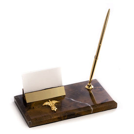 Gold-Plated Business Card and Pen Holder on Tiger Eye Marble Base with Medical Emblem