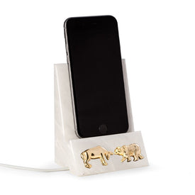 White Marble Phone/Tablet Cradle w/ Pass-Thru Hole for Charging Cable and Stock Market Emblem