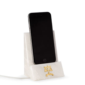 White Marble Phone/Tablet Cradle w/ Pass-Thru Hole for Charging Cable and Legal Emblem