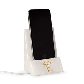 White Marble Phone/Tablet Cradle w/ Pass-Thru Hole for Charging Cable and Medical Emblem