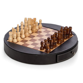 Wood Chess Set with Black Leather-Wrapped Playing Board and Storage Drawers