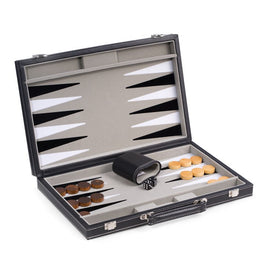 Backgammon Set with Black Leatherette Exterior with Chrome Accents and Felt-Lined Interior