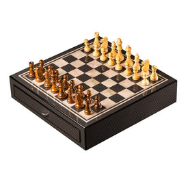 Carbon Fiber and Mother of Pearl Chess Set with Accessory Drawers and Weighed Pieces