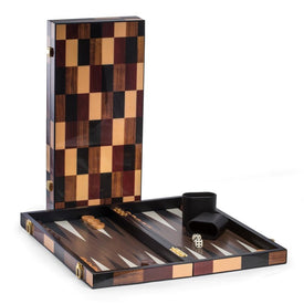 Art Deco Design 18" Backgammon Set with Multi-Color Wood Inlay and Brass Hardware