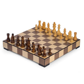 Matte Finish Walnut Inlay Chess and Checkers Set with Storage Drawer