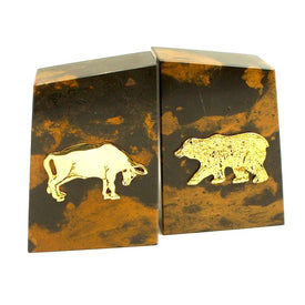 Tiger Eye Marble Bookends with Gold-Plated Stock Market Emblem Set of 2