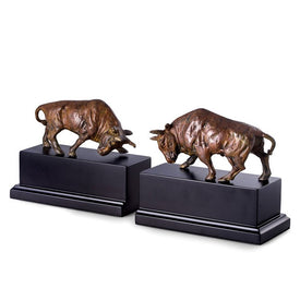 Brass Double Bull Bookends with Flamed Patina Finish on Black Wood Base Set of 2