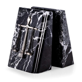 Black Zebra Marble Beveled Wedge Bookends with Antique Silver-Plated Legal Emblem Set of 2