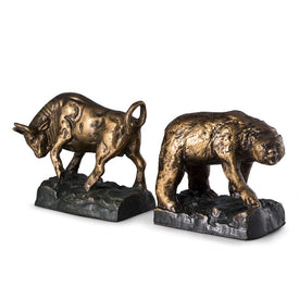 Bronzed Finished Cast Metal Bull and Bear Bookends Set of 2