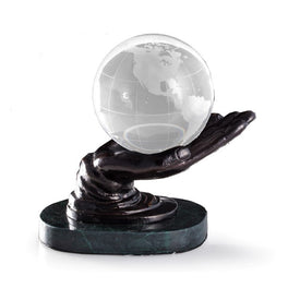 Cast Metal Hand Crystal Globe Holder with Bronzed Finish on Green Marble Base
