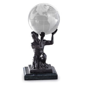 Bronzed Atlas Crystal Globe Holder on Green Marble Base