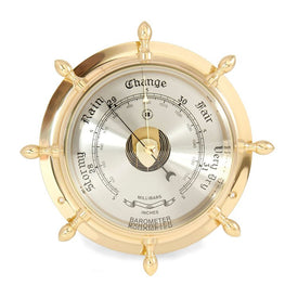 Lacquered Brass Ship's Wheel Barometer with Beveled Glass