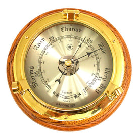 Lacquered Brass Porthole Barometer on Oak Wood