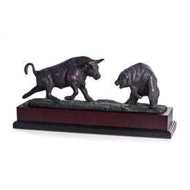 Charging Bull and Bear Sculpture with Bronzed Metal Finish on Burl Wood Base