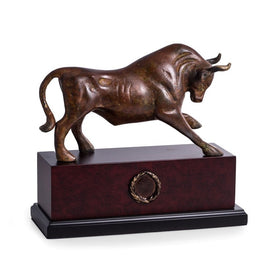 Brass Bull Sculpture with Flamed Patina Finish on Wood Base