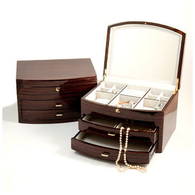 Kent Lacquered Ebony Zebra Wood Two-Drawer Jewelry Box with Multi Compartments, Mirror, and Push Button Lock