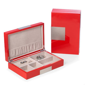 Kent Lacquered Wood Multi-Compartment Valet Box with Stainless Steel Accents - Red