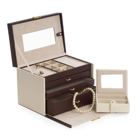 Sophie Leather Four-Level Three-Drawer Jewelry Box - Ivory and Brown