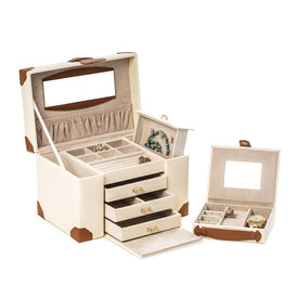 Leather Four-Level Multi-Compartment Jewelry Box - Ivory