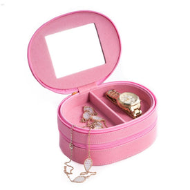Camille Lizard Leather Two-Level Jewelry Case with Mirror and Zipper Closure - Pink