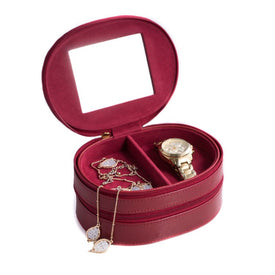 Camille Lizard Leather Two-Level Jewelry Case with Mirror and Zipper Closure - Red