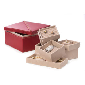 Studded Leather Two-Level Jewelry Box with Removable Individual Trays - Red