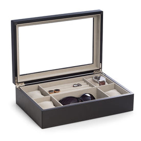 Wood Valet and Watch Box with Glass Top and Soft Velour Lining - Matte Black