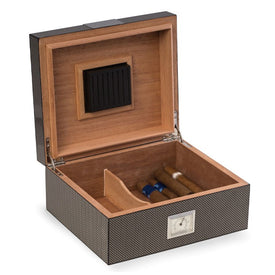 Carbon Fiber Wood 50-Cigar Humidor with Spanish Cedar Lining, Humidistat, External Hygrometer and Stainless Steel Accents
