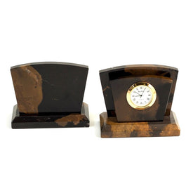 Tiger Eye Marble Quartz Desk Clock with Gold-Plated Accents and Letter Rack