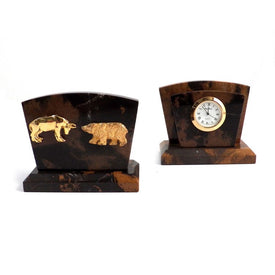 Tiger Eye Marble Quartz Desk Clock with Gold-Plated Accents, Letter Rack and Stock Market Emblem