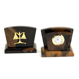 Tiger Eye Marble Quartz Desk Clock with Gold-Plated Accents, Letter Rack and Legal Emblem
