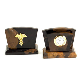Tiger Eye Marble Quartz Desk Clock with Gold-Plated Accents, Letter Rack and Medical Emblem