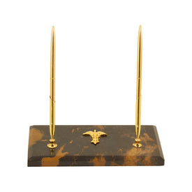 Gold-Plated Double Pen Holder on Tiger Eye Marble Base with Medical Emblem