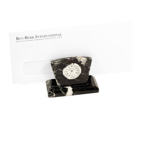 Black Zebra Marble Quartz Desk Clock with Chrome-Plated Accents and Letter Rack