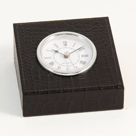 Black Croco Leather Quartz Clock with Silver-Plated Accents