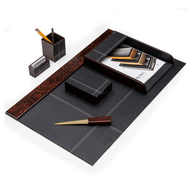 Six-Piece Burl Wood and Black Leather Desk Set
