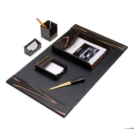 Six-Piece Ebony Wood and Black Leather Desk Set