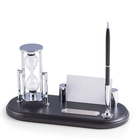 Black Wood and Chrome-Plated Pen Stand with Three Minute Sand Timer and Business Card Holder