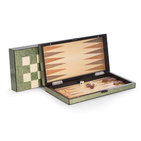 15.5" Lacquer Finished Green Inlaid Wood Backgammon and Chess Set