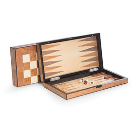 15.5" Lacquer Finished Brown Inlaid Wood Backgammon and Chess Set