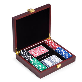 Poker Set with 100 Poker Chips, Two Decks of Cards, and Five Dice in Cherry Wood/Brass Case
