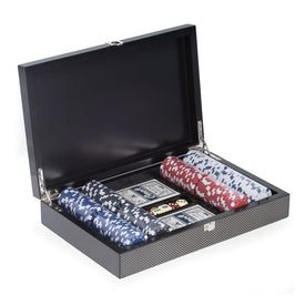 Poker Set with 200 Poker Chips, Two Decks of Cards, and Five Dice in Carbon Fiber/Chrome Case